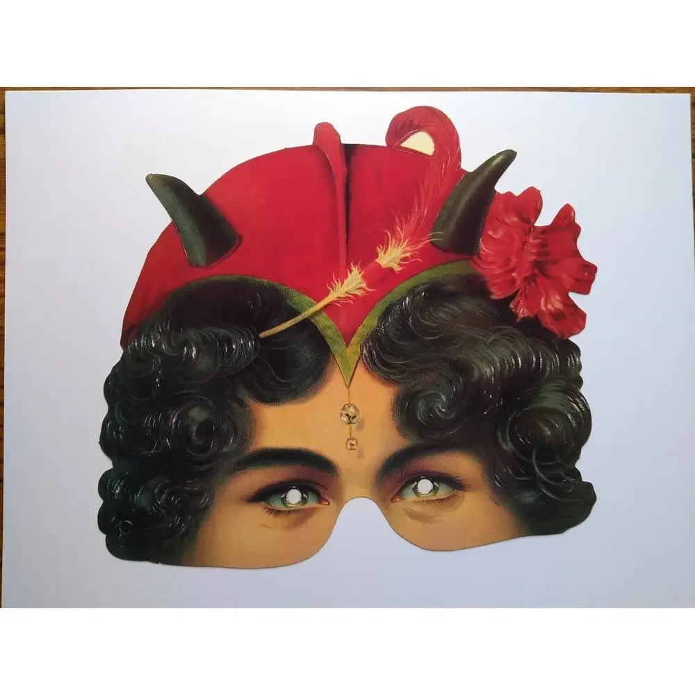 Vintage Devil Woman Eye Mask Red Horns Feather Costume Party